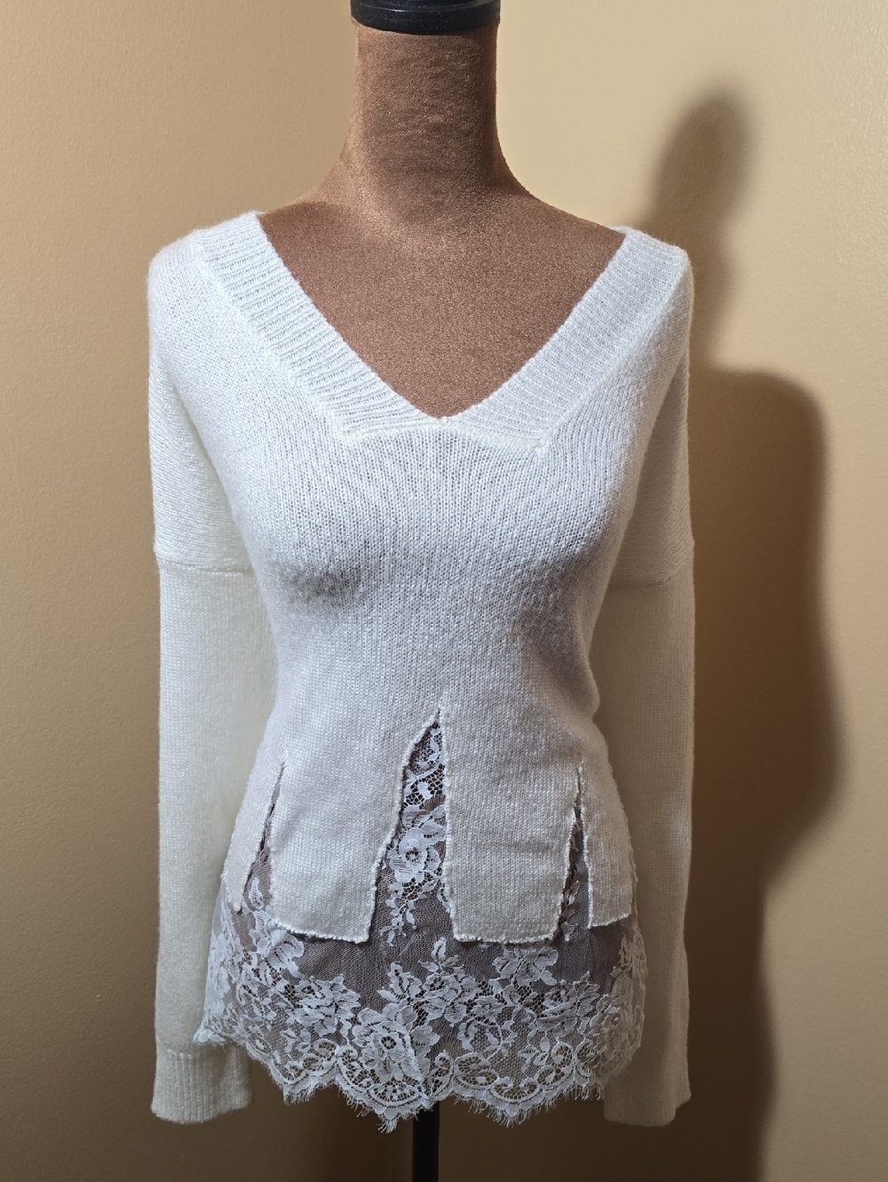 BiBi Cream V-Neck Sweater with Lace Hem
